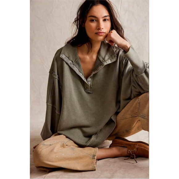 We The Free People Camden Henley Long Sleeve Sweatshirt XS Slouchy Boho Grunge - Picture 15 of 15